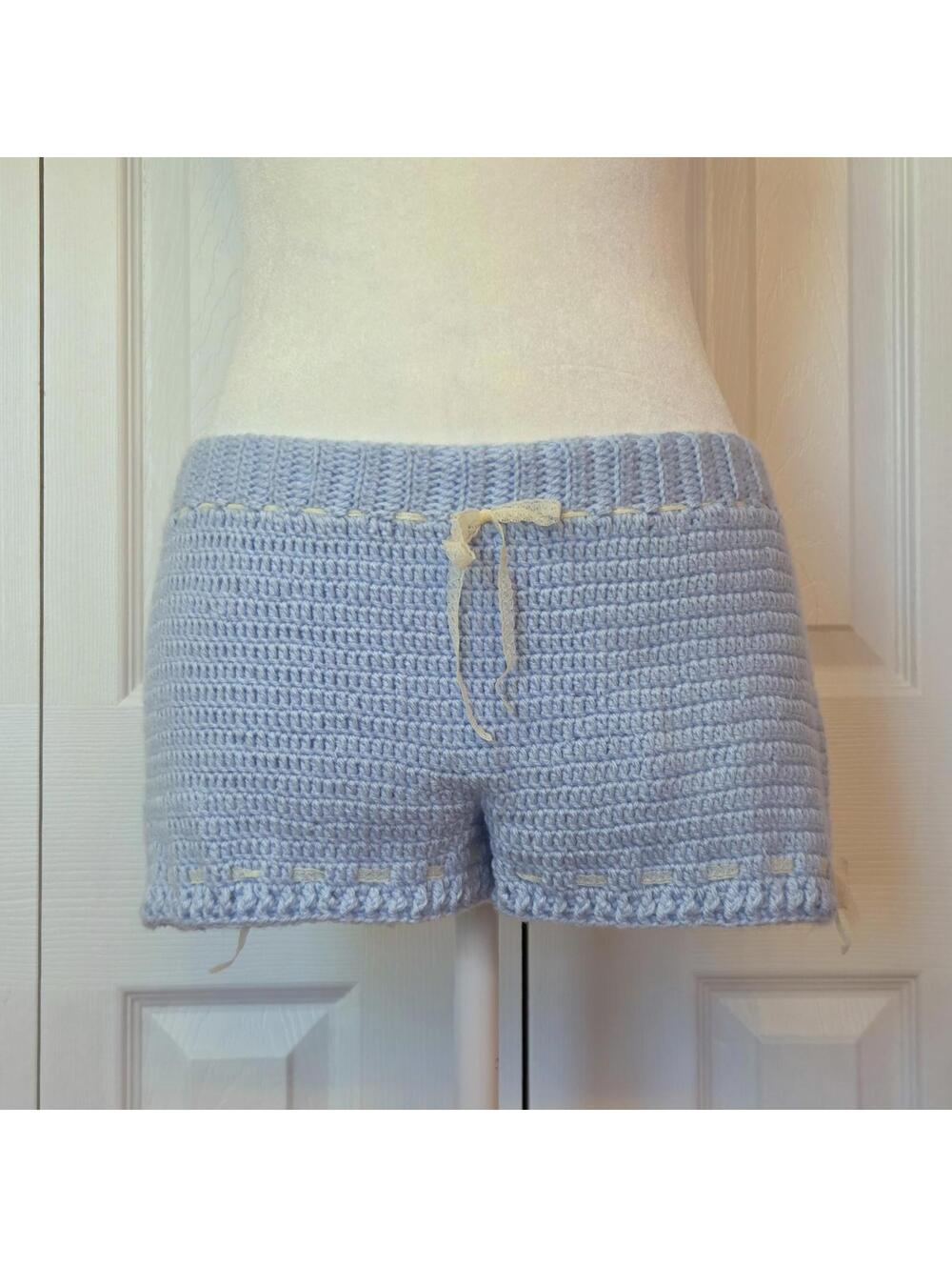 Handmade Blue Crochet Lace Trim Shorts XS Y2K Summer Coquette Fairy Boho Beach